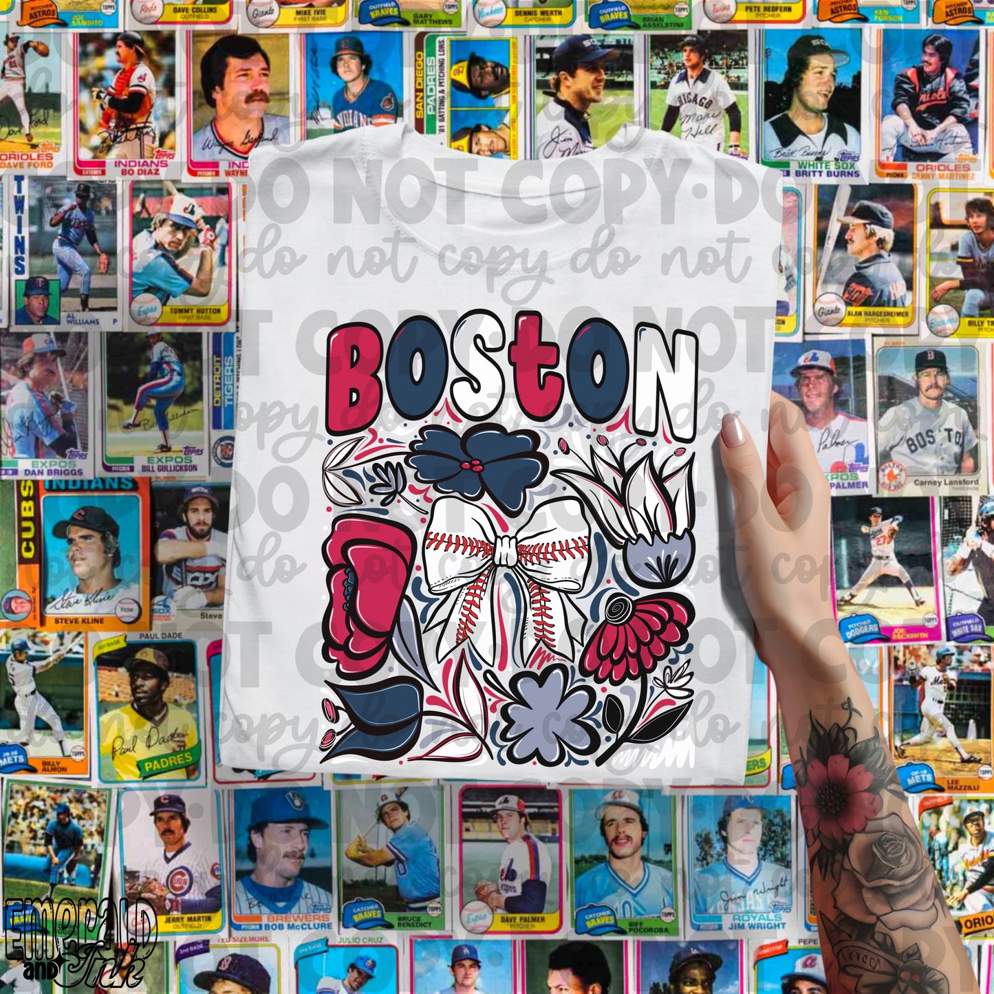 Boston Hand Drawn Doodle Flowers Baseball Bow PNG