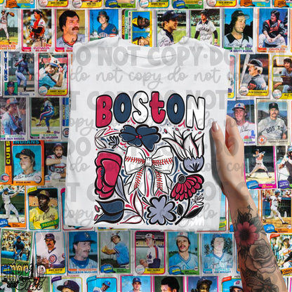 Boston Hand Drawn Doodle Flowers Baseball Bow PNG