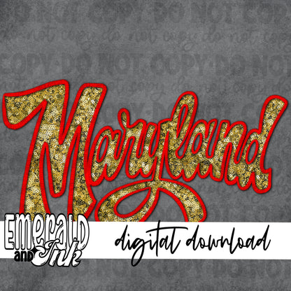 Maryland (2 files) Faux Embroidery (red & yellow/gold) - Digital Download