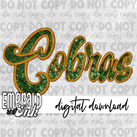 Cobras Faux Embroidery (green & gold) - Digital Download