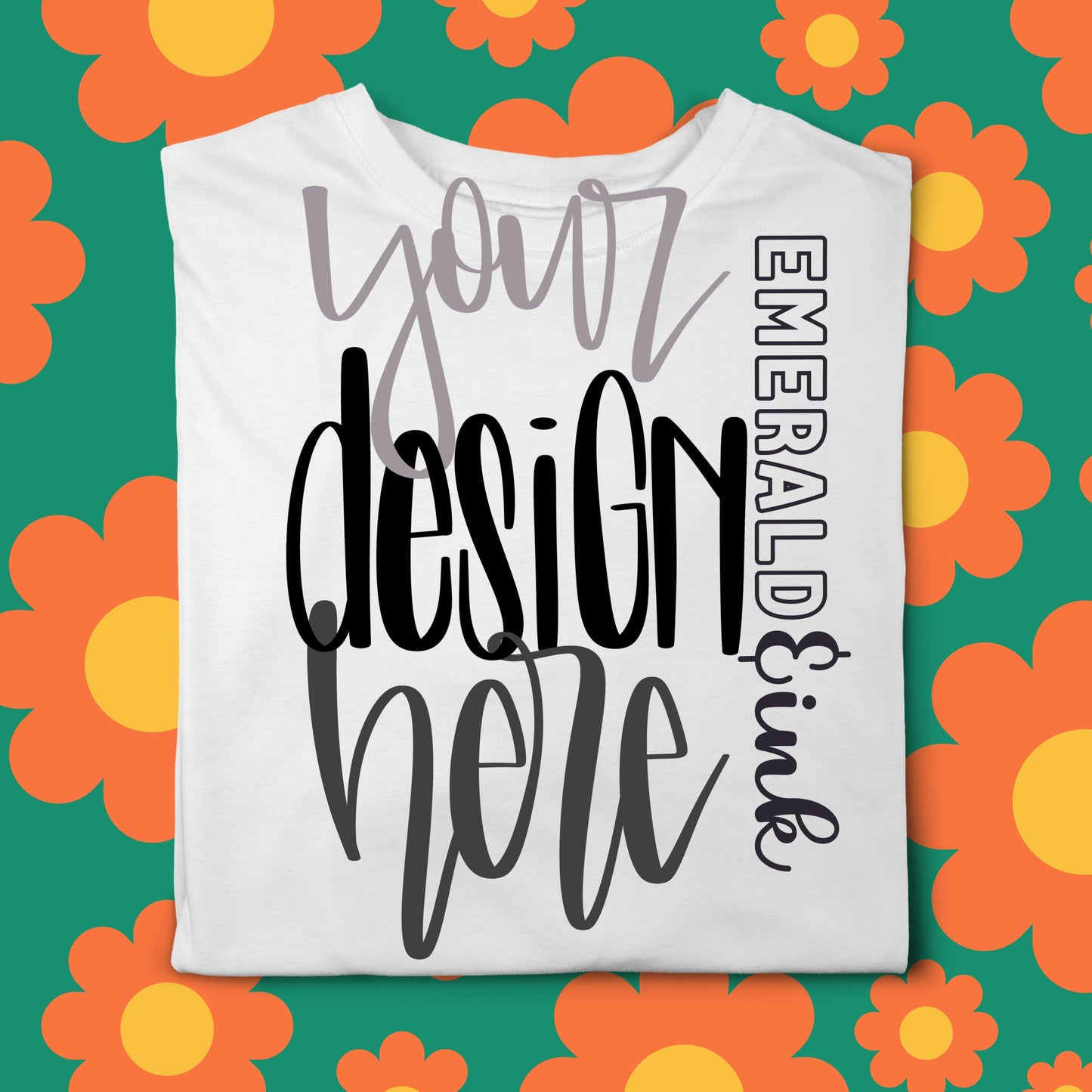 White Folded T-Shirt Retro Flower Background Blank Digital Mock-up
