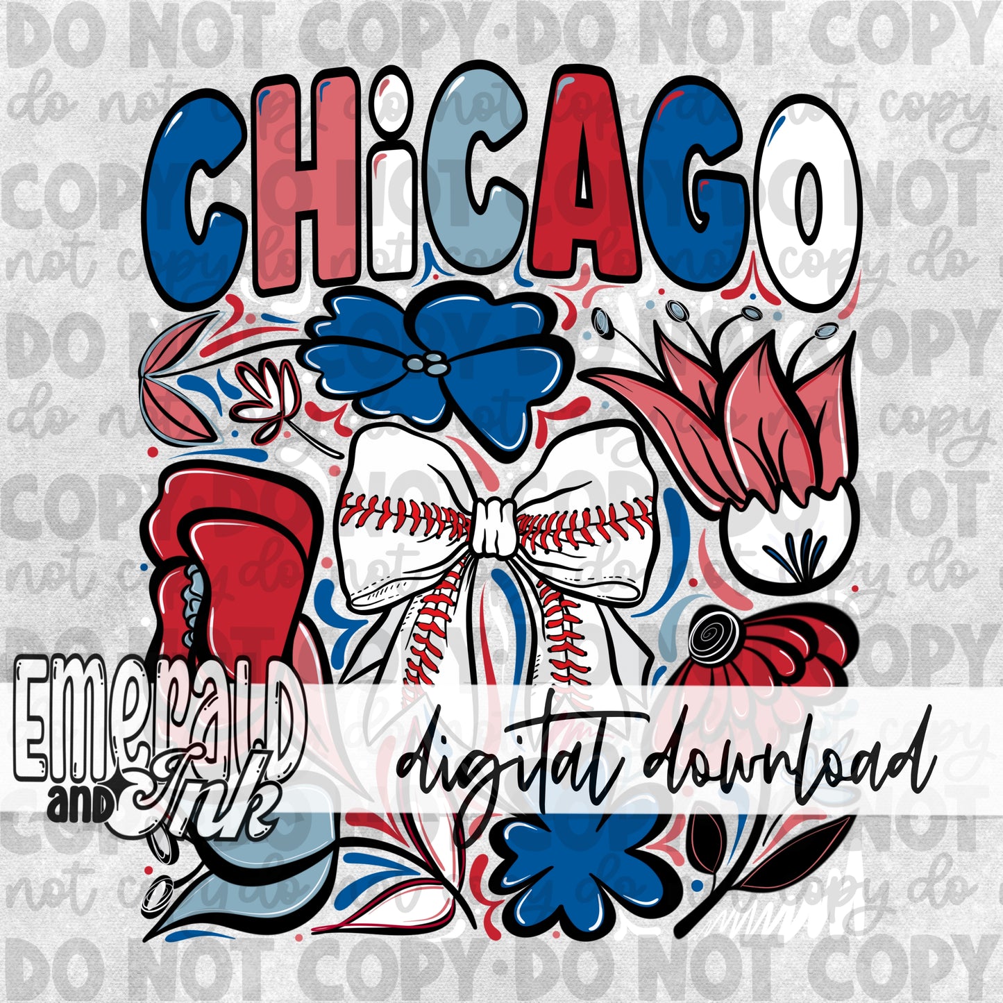 Baseball Team CC Hand Drawn Flowers Digital Download