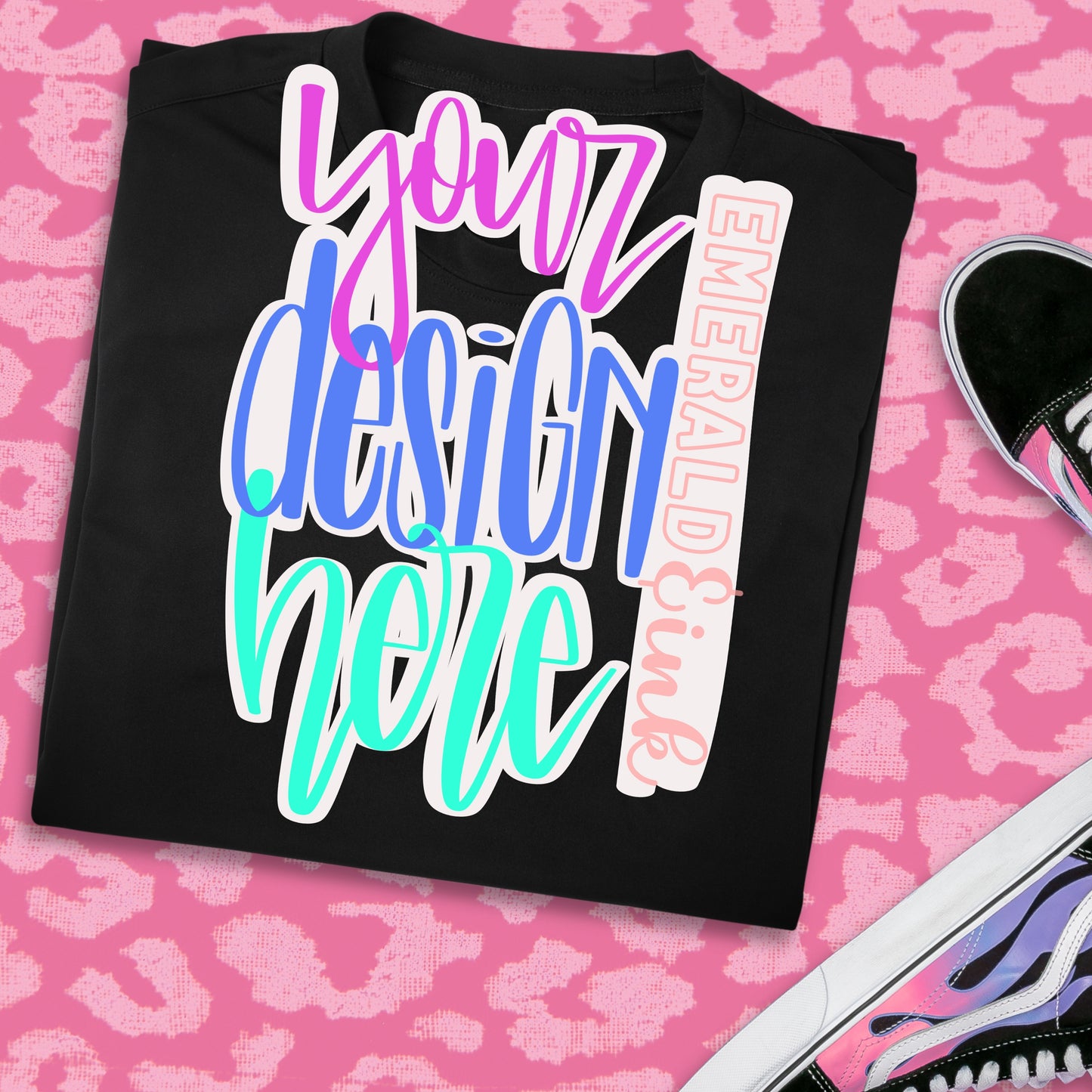 Black Folded T-Shirt Pink Leopard Print Background Blank Digital Mock-up