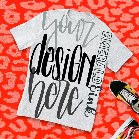 Grey Unbranded T-Shirt Neon Coral Leopard Print Background Blank Digital Mock-up