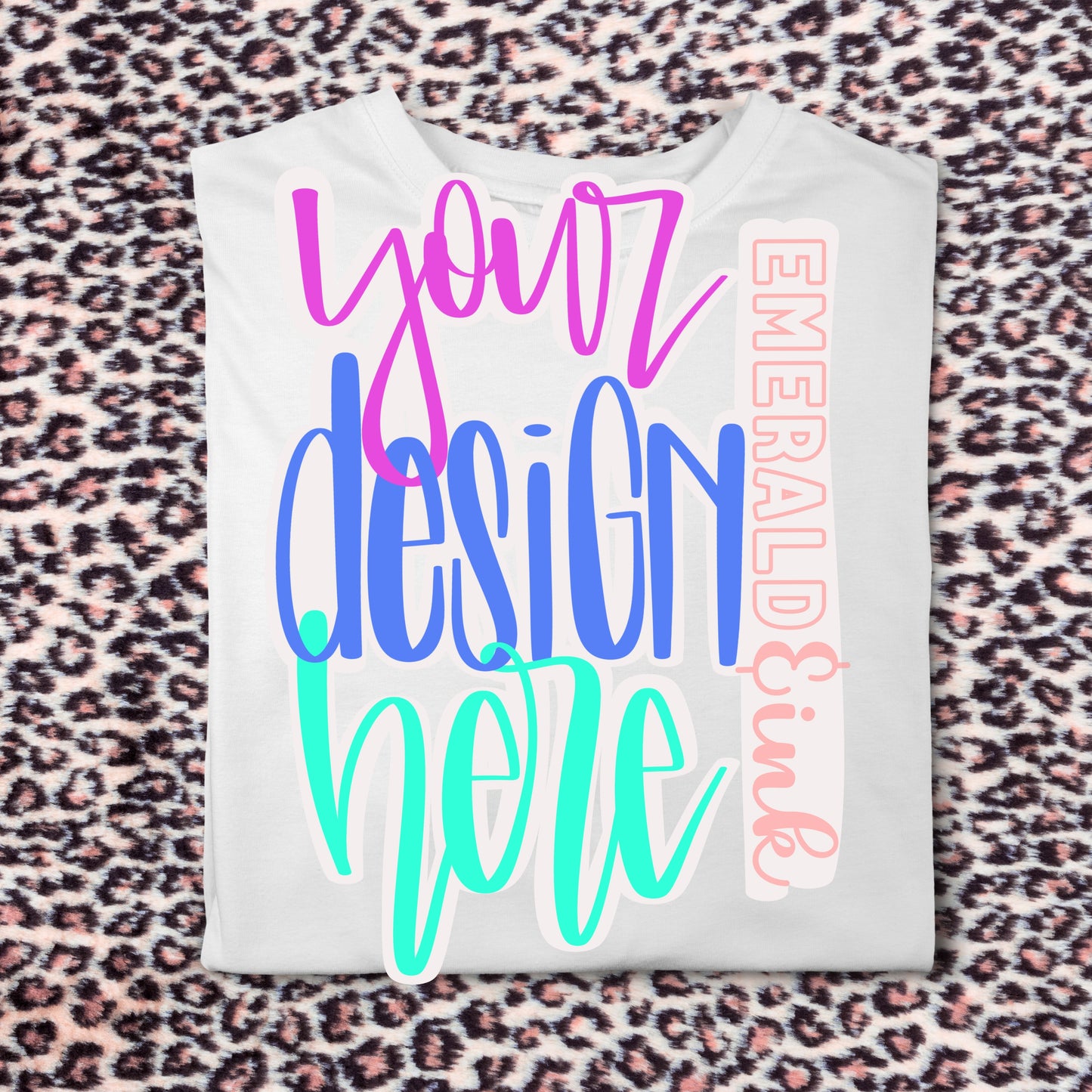 White Folded T-Shirt Neutral Leopard Print Background Blank Digital Mock-up