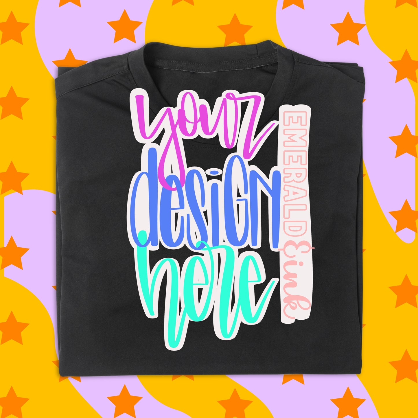 Black Folded T-Shirt Retro Star Background Blank Digital Mock-up