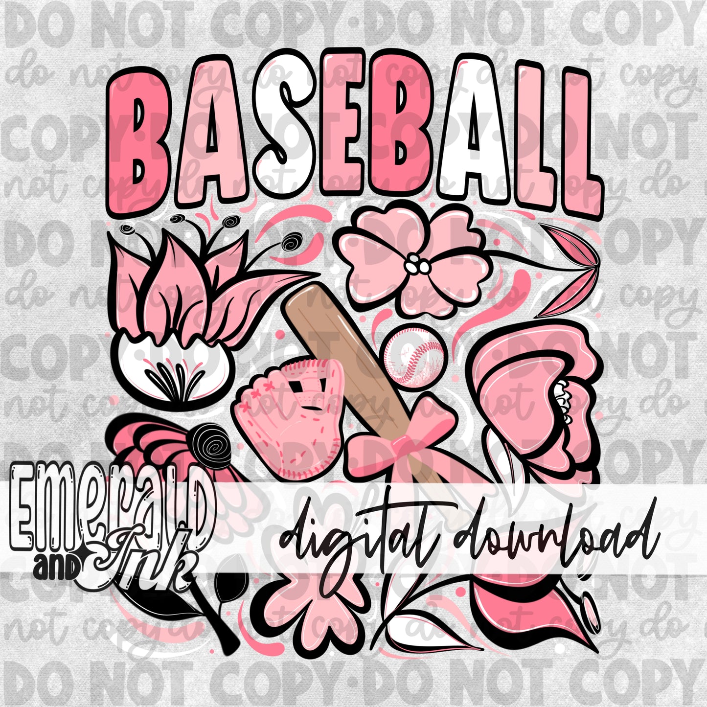 Pink Baseball Hand Drawn Flowers Digital Download