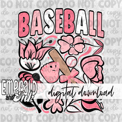 Pink Baseball Hand Drawn Flowers Digital Download