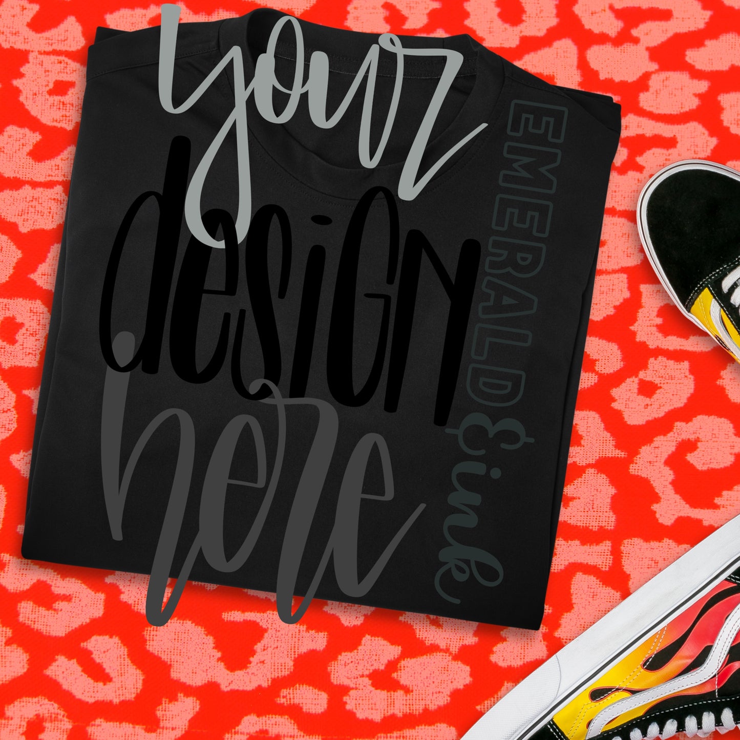 Black Folded T-Shirt Neon Coral Leopard Print Background Blank Digital Mock-up