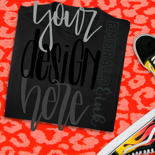 Black Folded T-Shirt Neon Coral Leopard Print Background Blank Digital Mock-up