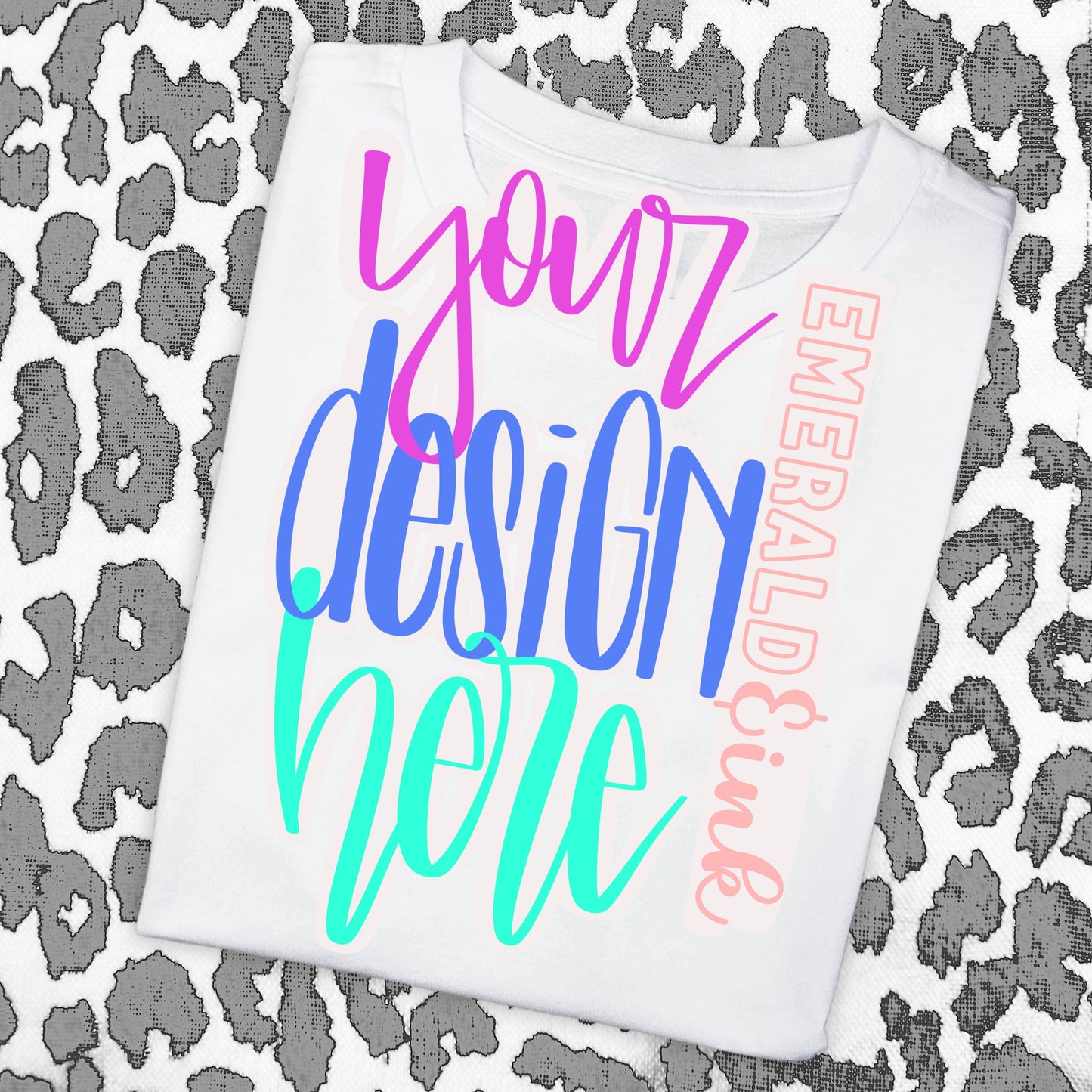 White Folded T-Shirt Grey Leopard Print Background Blank Digital Mock-up