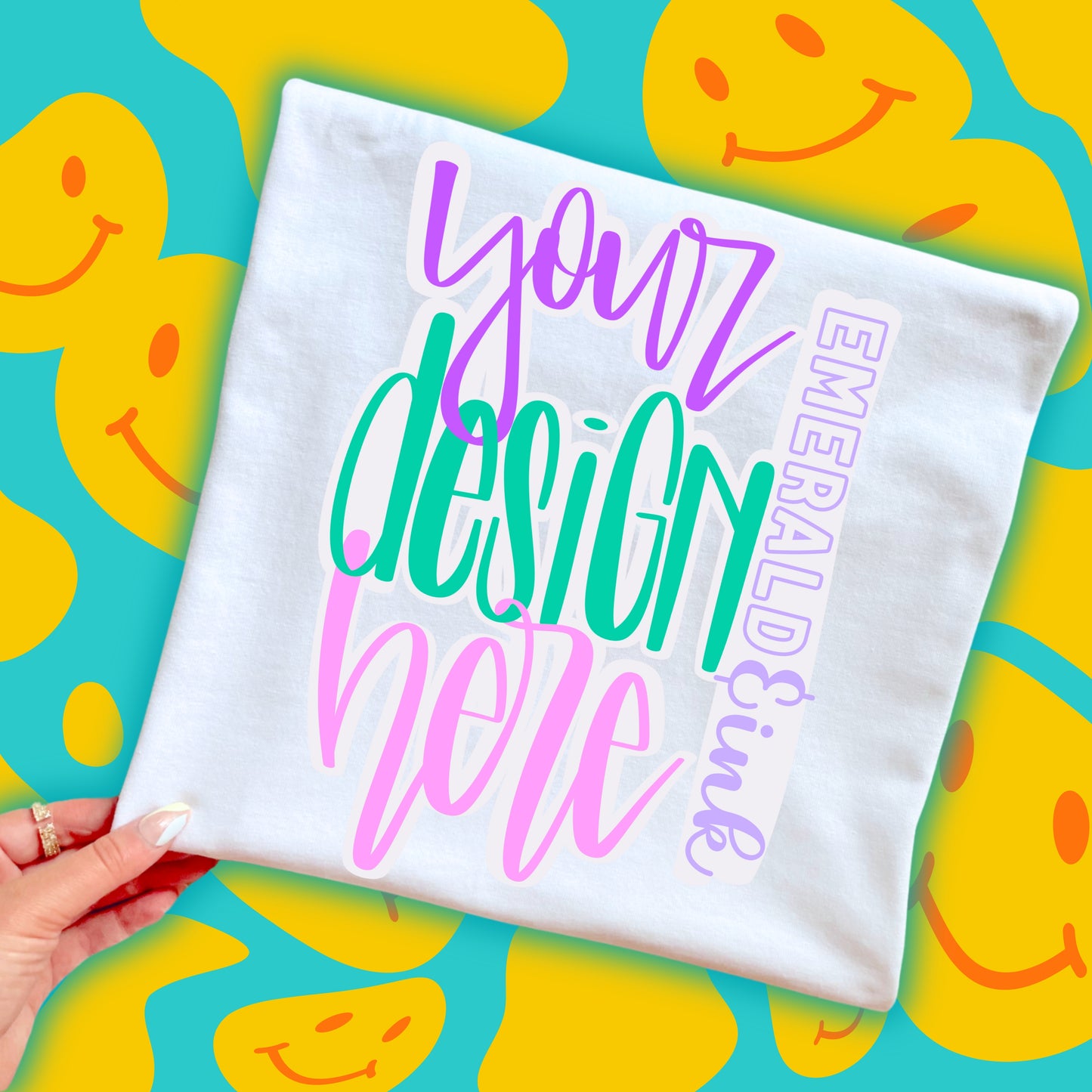 Youth Folded White T-Shirt Retro Smiley Background Blank Digital Mock-up