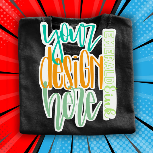 Youth Folded Black T-Shirt Comic Background Digital Mock-up