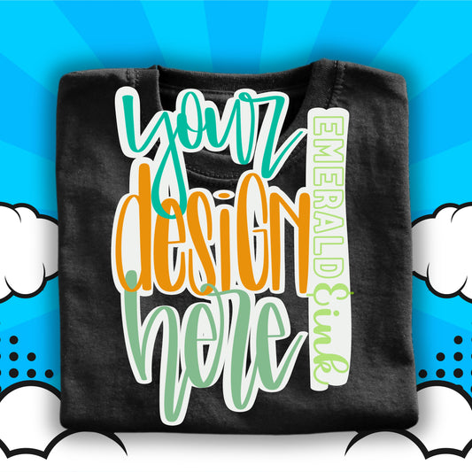 Youth Folded Black T-Shirt Comic Clouds Background Digital Mock-up